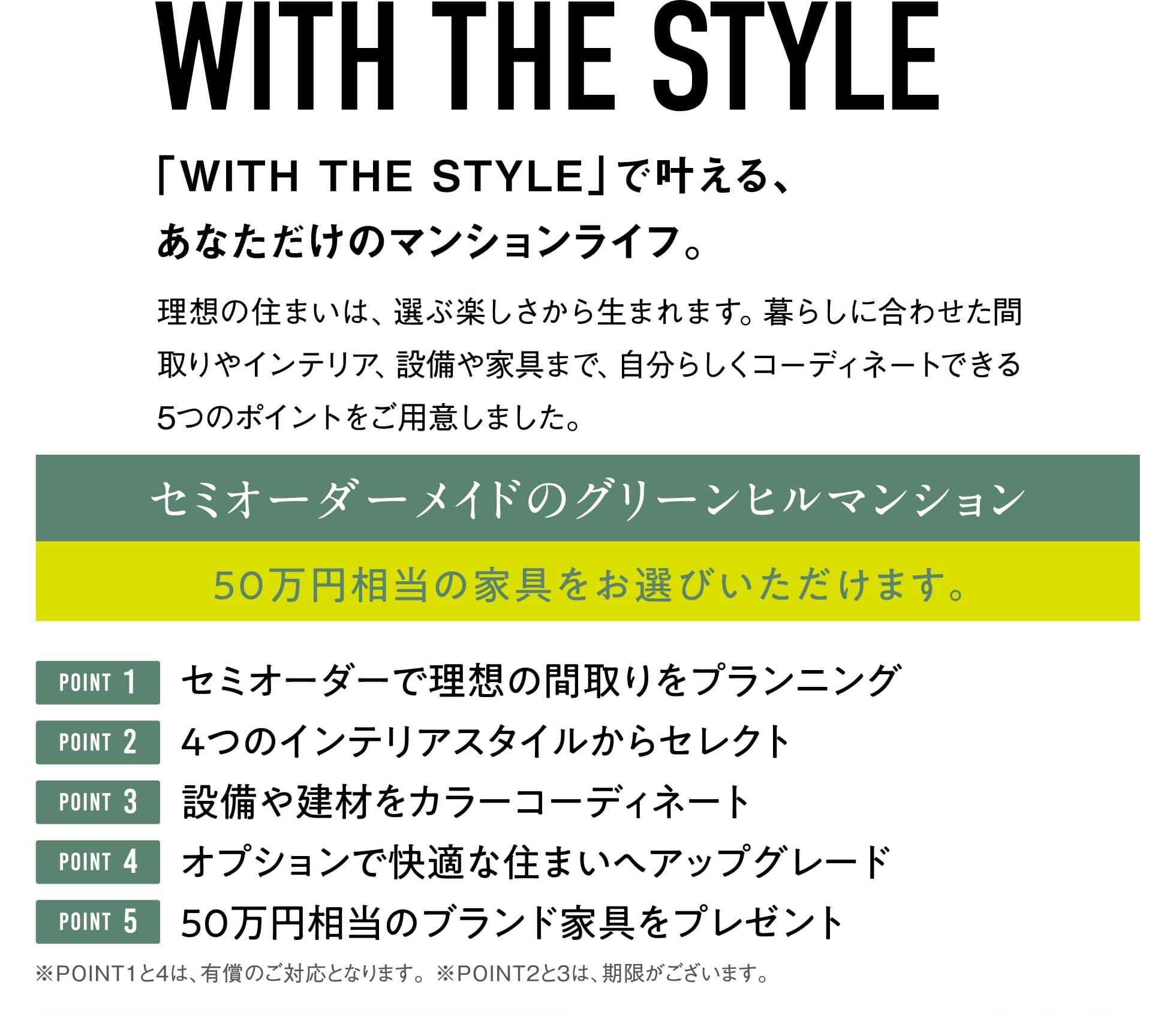 WITH THE STYLE 「WITH THE STYLE」で叶える、あなただけのマンションライフ。 理想の住まいは、選ぶ楽しさから生まれます。暮らしに合わせた間取りやインテリア、設備や家具まで、自分らしくコーディネートできる5つのポイントをご用意しました。 セミオーダーメイドのグリーンヒルマンション 50万円相当の家具をお選びいただけます。 POINT1 セミオーダーで理想の間取りをプランニング POINT2 4つのインテリアスタイルからセレクト POINT3 設備や建材をカラーコーディネート POINT4 オプションで快適な住まいへアップグレード POINT5 50万円相当のブランド家具をプレゼント ※POINT1と4は、有償のご対応となります。※POINT2と3は、期限がございます。
