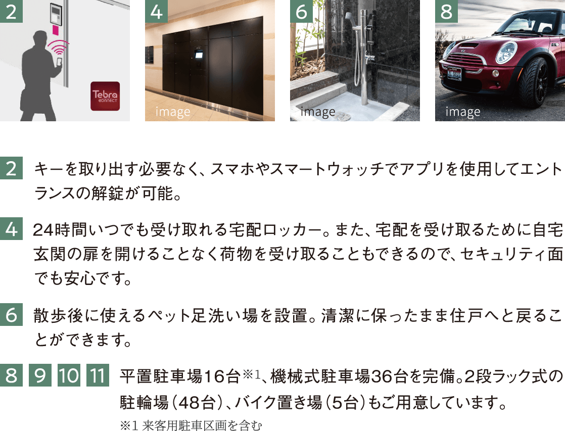 2 キーを取り出す必要なく、スマホやスマートウォッチでアプリを使用してエントランスの解錠が可能。4 24時間いつでも受け取れる宅配ロッカー。また、宅配を受け取るために自宅玄関の扉を開けることなく荷物を受け取ることもできるので、セキュリティ面でも安心です。6 散歩後に使えるペット足洗い場を設置。清潔に保ったまま住戸へと戻ることができます。8 9 10 11 平置駐車場16台※1、機械式駐車場36台を完備。2段ラック式の駐輪場(48台)、バイク置き場(5台)もご用意しています。※1 来客用駐車区画を含む