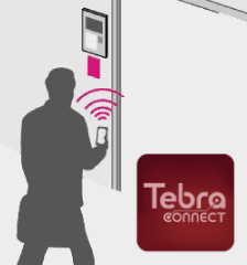 スマートフォンアプリ「Tebra connect」で共用部ドアを解錠するイメージ