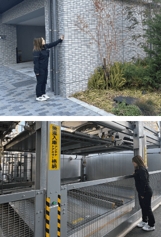 建物外壁の点検作業員の写真、および機械式駐車装置の点検作業員の写真