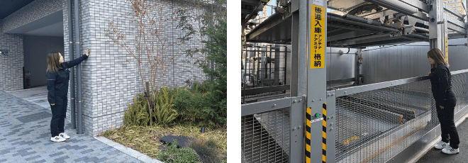 建物外壁の点検作業員の写真、および機械式駐車装置の点検作業員の写真