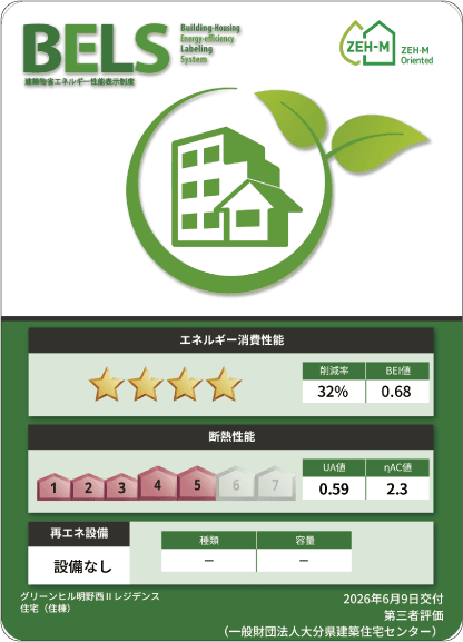 BELS 建築物省エネルギー性能表示制度 ZEH-M Oriented評価書。エネルギー消費性能 削減率32％ BEI値0.68。断熱性能 UA値0.59 ηAC値2.3。再エネ設備 なし
