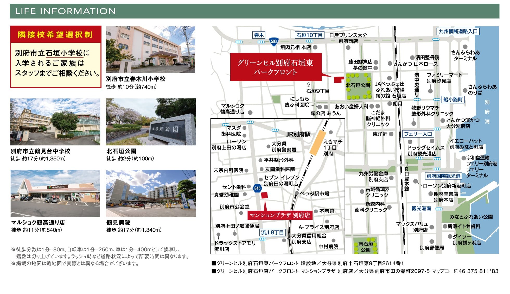 隣接校希望選択制 別府市立石垣小学校に入学されるご家族はスタッフまでご相談ください。 別府市立春木川小学校 徒歩約10分（約740m） 別府市立鶴見台中学校 徒歩約17分（約1,350m） 北石垣公園 徒歩約2分（約100m） マルショク鶴高通り店 徒歩約11分（約840m） 鶴見病院 徒歩約17分（約1,340m） ※徒歩分数は1分＝80m、自転車は1分＝250m、車は1分＝400mとして換算し、端数は切り上げています。ラッシュ時など道路状況によって所要時間は異なります。※掲載の地図は略地図で実際とは異なる場合がございます。 ■グリーンヒル別府石垣東パークフロント 建設地／大分県別府市石垣東9丁目2614番1 ■グリーンヒル別府石垣東パークフロント マンションプラザ 別府店／大分県別府市田の湯町2097-5 マップコード：46 375 811*83