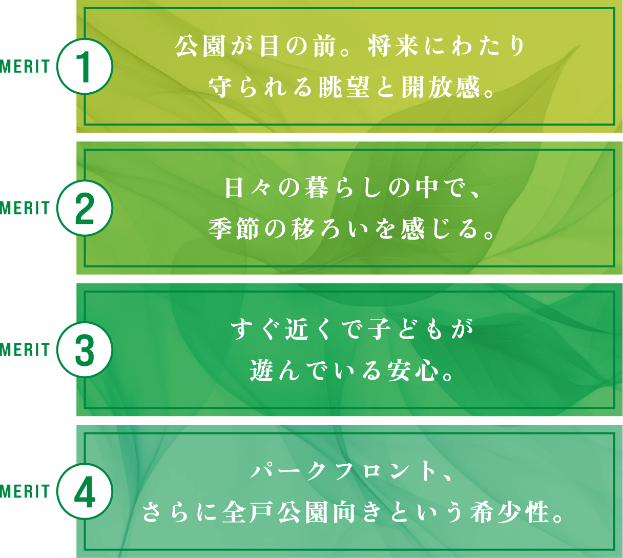 【MERIT1】公園が目の前。将来にわたり守られる眺望と開放感。　【MERIT2】日々の暮らしの中で、季節の移ろいを感じる。　【MERIT3】すぐ近くで子どもが遊んでいる安心。　【MERIT4】パークフロント、さらに全戸公園向きという希少性。