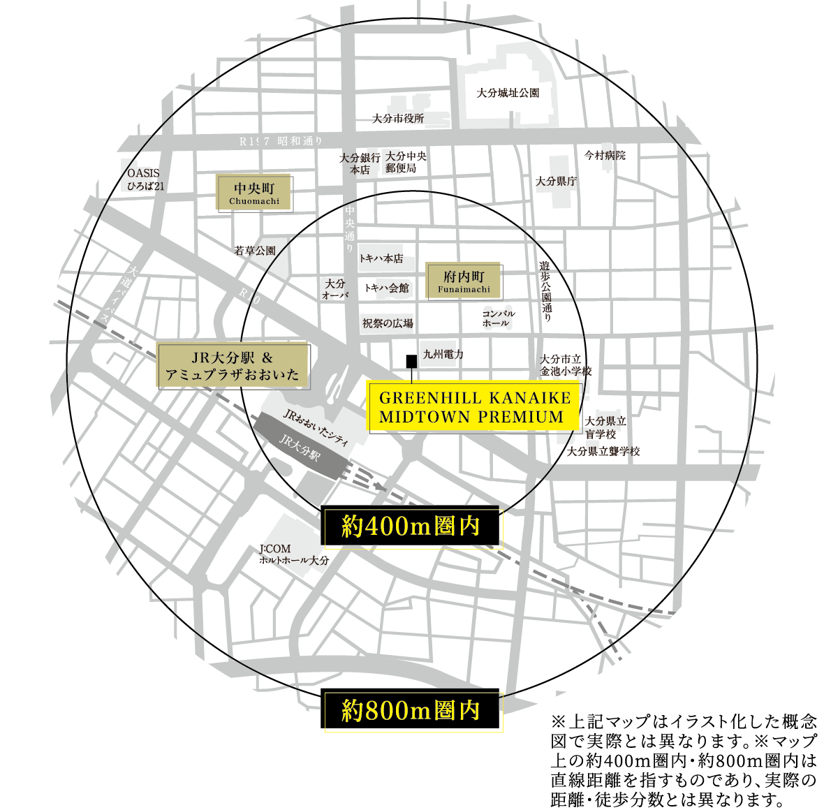 ※上記マップはイラスト化した概念図で実際とは異なります。※マップ上の約400m圏内・約800m圏内は直線距離を指すものであり、実際の距離・徒歩分数とは異なります。