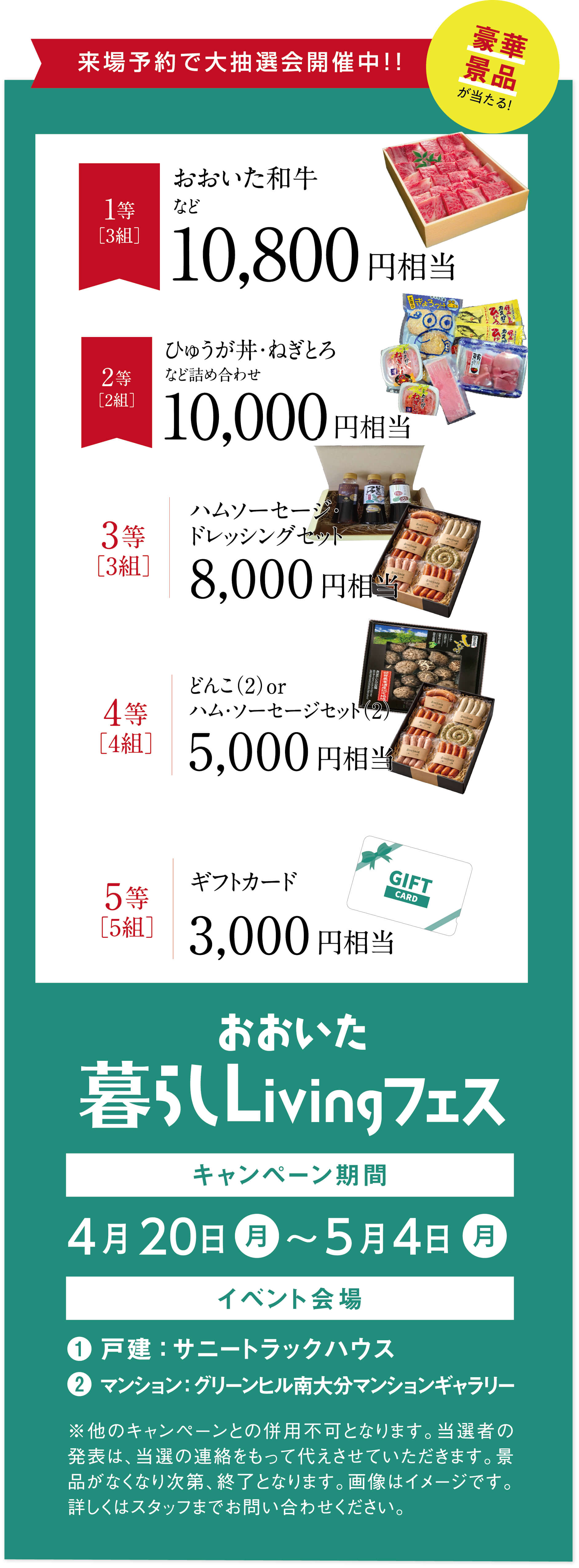 おおいた暮らしLivingフェス WEB来場予約特典 大抽選会。1等：おおいた和牛10,800円相当、2等：ひゅうが丼・ねぎとろ詰め合わせ10,000円相当など、5等まで豪華景品をご用意。期間：4月20日から5月4日まで。会場：サニートラックハウス、グリーンヒル南大分マンションギャラリー。