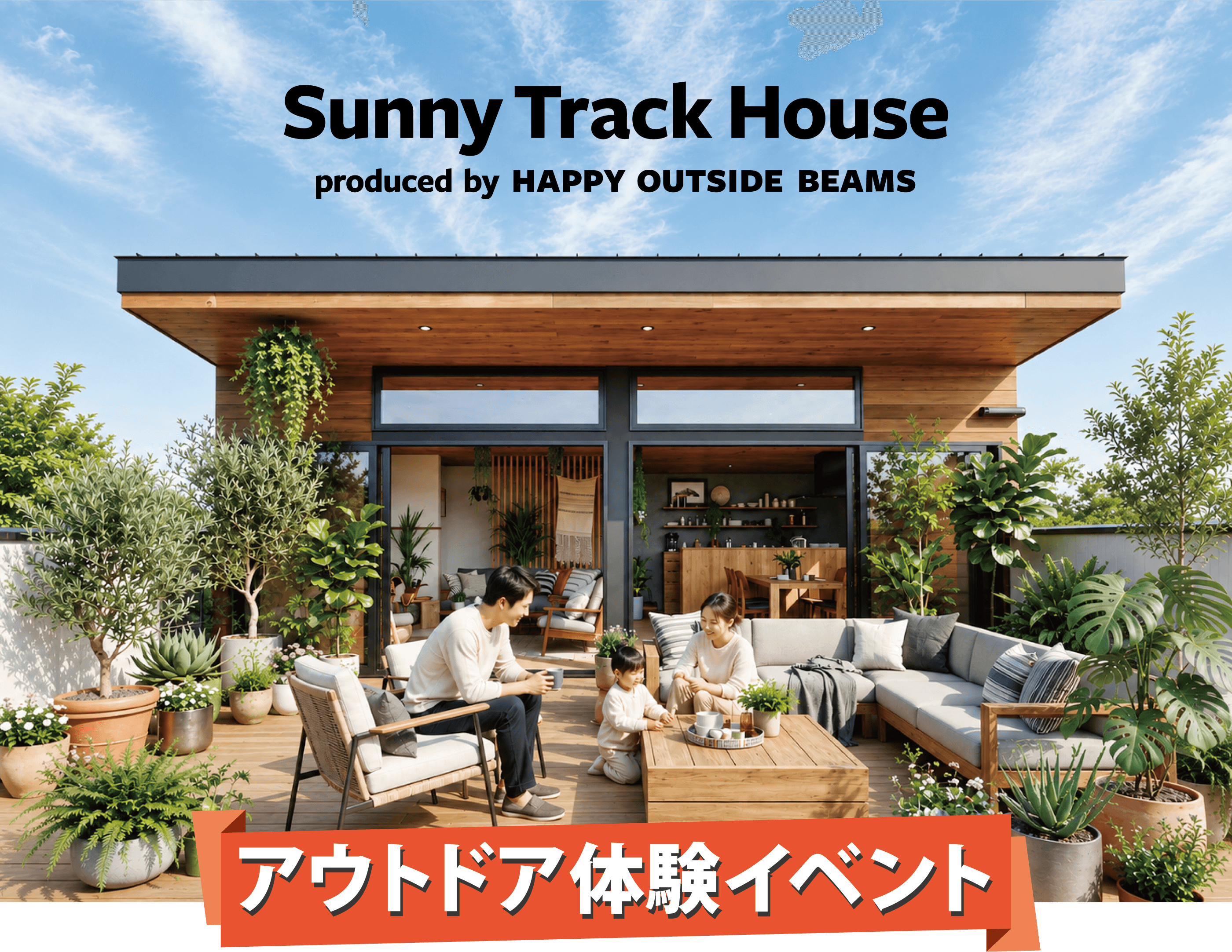 Sunny Track House produced by HAPPY OUTSIDE BEAMS、アウトドア体験イベント、観葉植物に囲まれたウッドデッキでくつろぐ家族