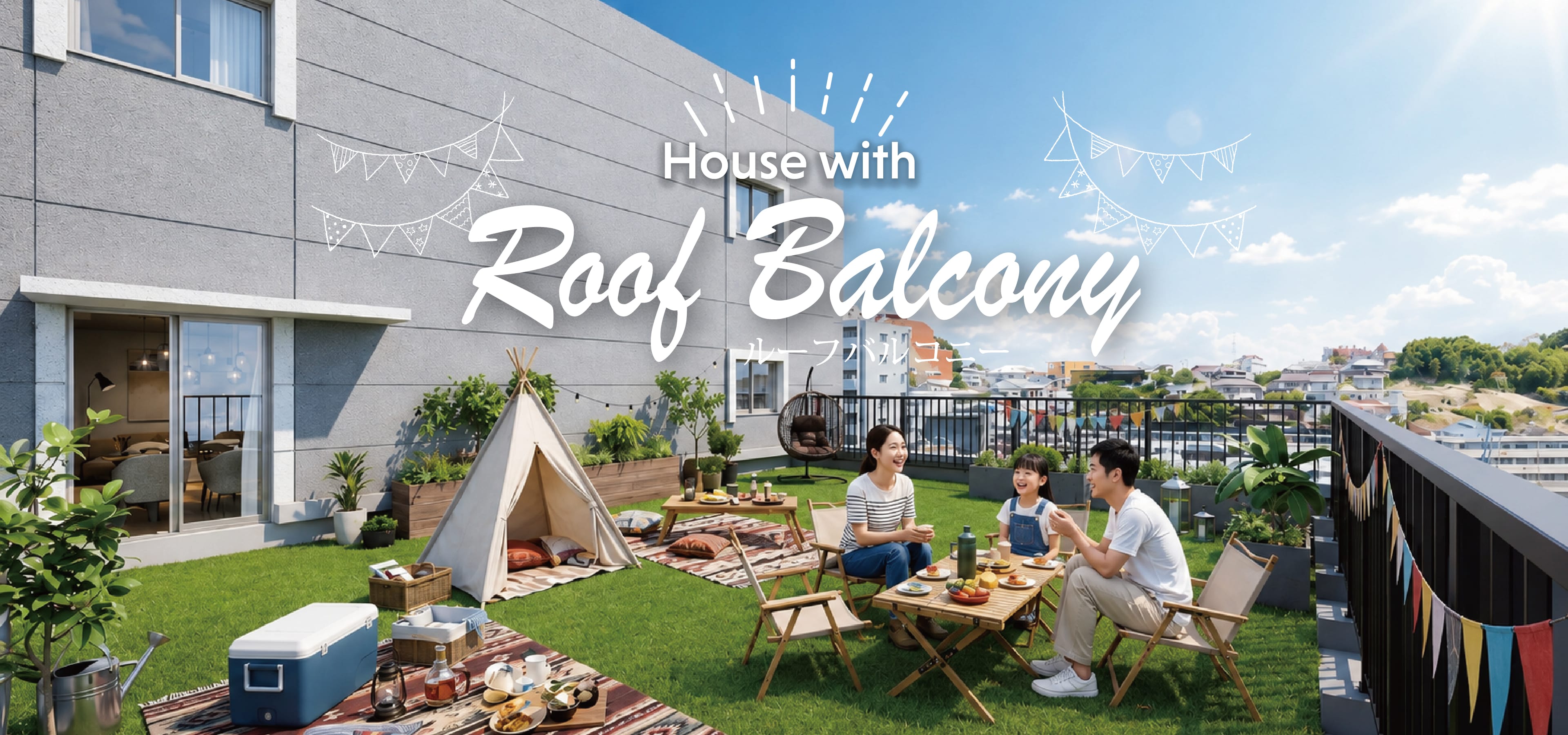 House with Roof Balcony ルーフバルコニー、屋上テラスでテントを囲みくつろぐ家族
