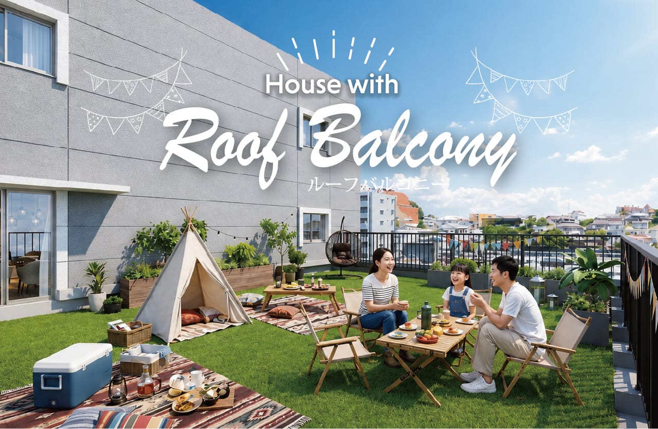 House with Roof Balcony ルーフバルコニー、屋上テラスでテントを囲みくつろぐ家族