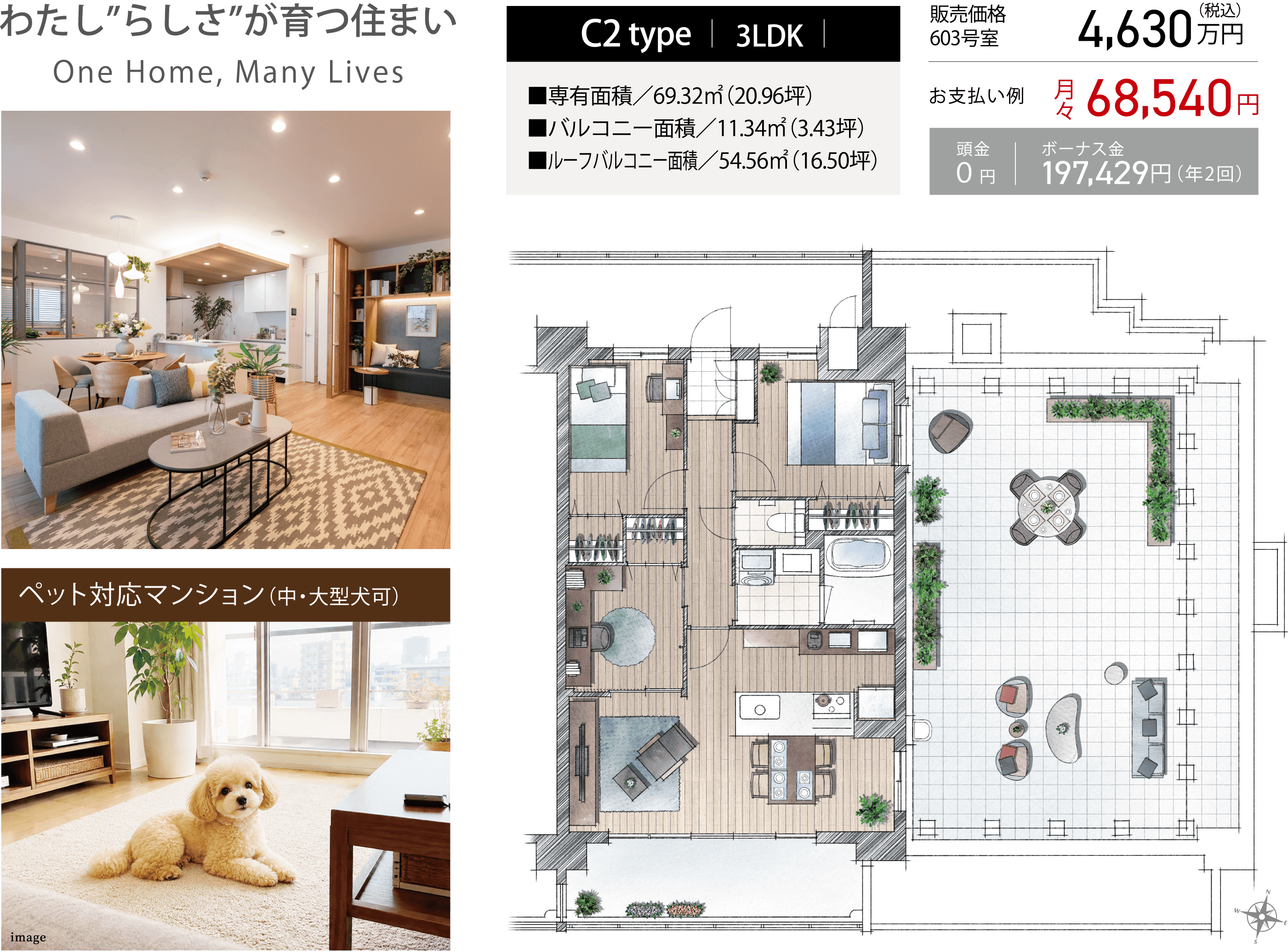 わたし”らしさ”が育つ住まい One Home, Many Lives、C2 type｜3LDK、専有面積69.32㎡（20.96坪）・バルコニー面積11.34㎡（3.43坪）・ルーフバルコニー面積54.56㎡（16.50坪）、販売価格603号室4,630万円（税込）、お支払い例月々68,540円、頭金0円｜ボーナス金197,429円（年2回）、ペット対応マンション（中・大型犬可）、間取り図